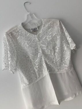 Vintage CLARA White Lace Rhinestone Blouse XL